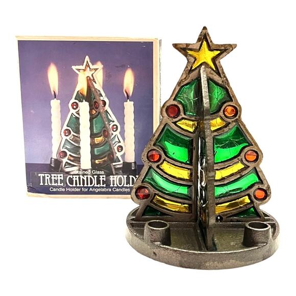NEW Tree CANDLE HOLDER Angelabra Crackle Stained Glass & Wrought Iron Christmas - Picture 4 of 4